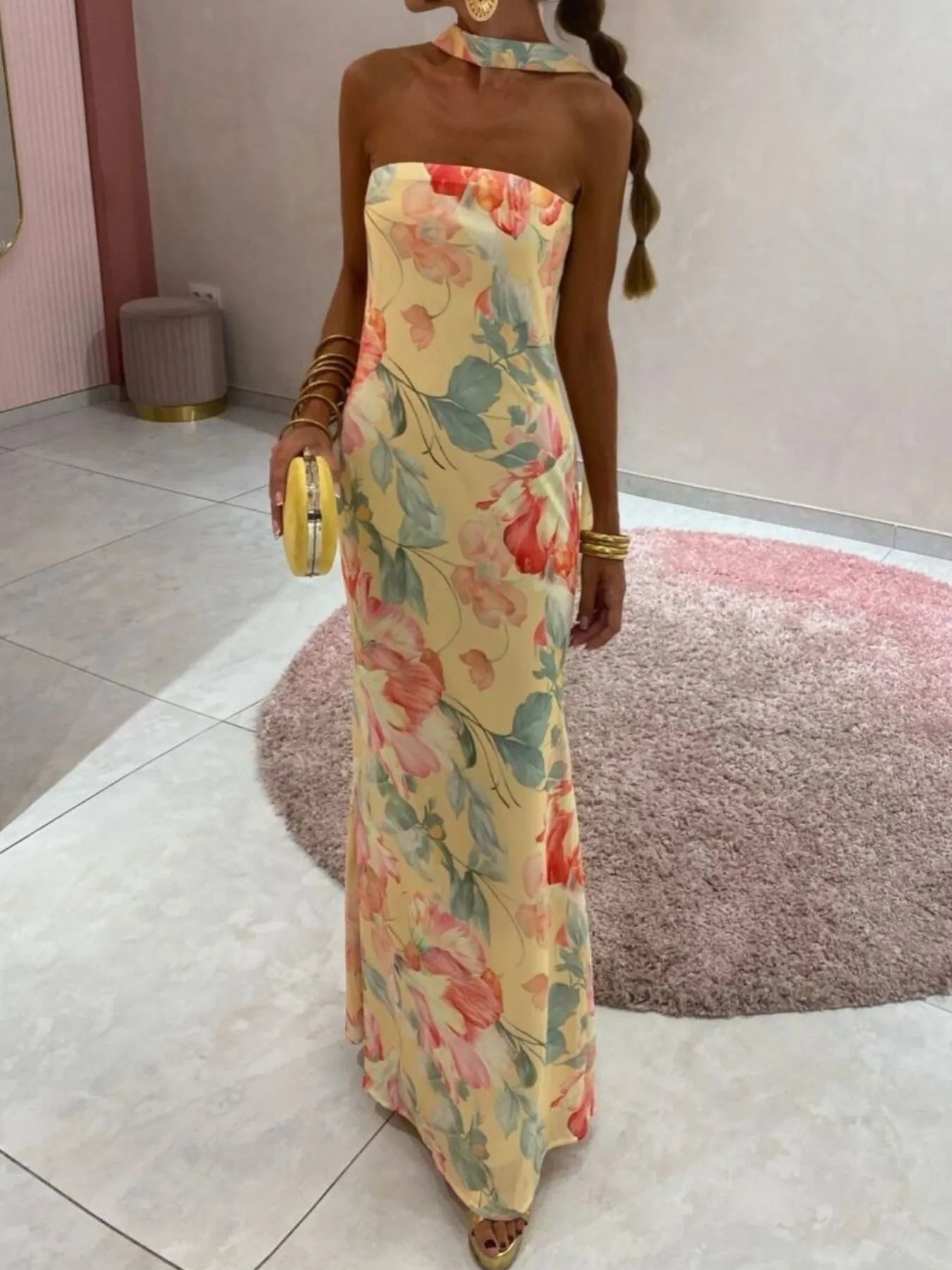 Printed V-Neck Cami Dress - Backless & Cutout.