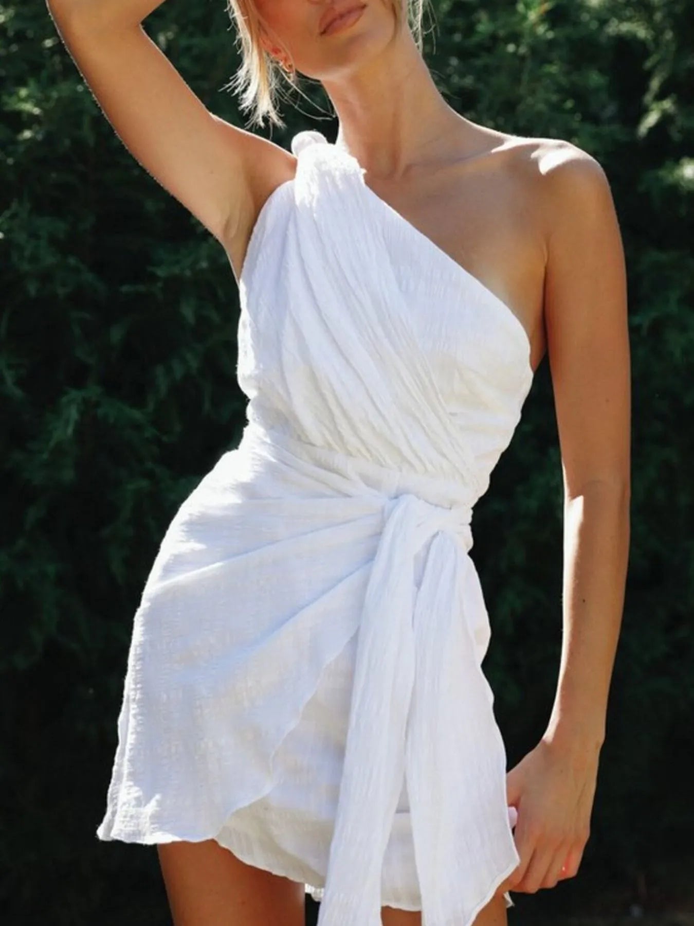 Plus Size Ruched Round Neck Sleeveless Dress - Asymmetrical.