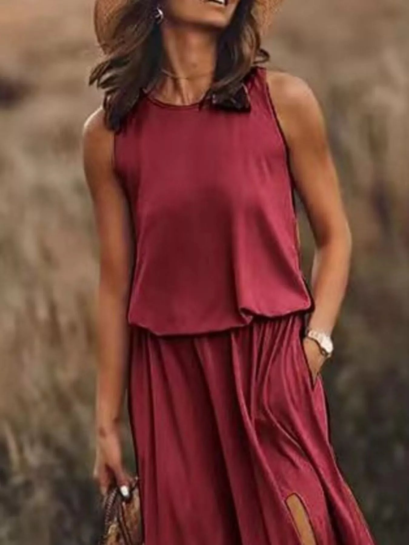 Umgee Navy Round Neck Sleeveless Tank Dress with Tie Pockets.