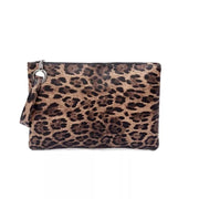 Small PU leather leopard print clutch bag with a rectangular silhouette, top zipper closure, and attached wrist strap.
