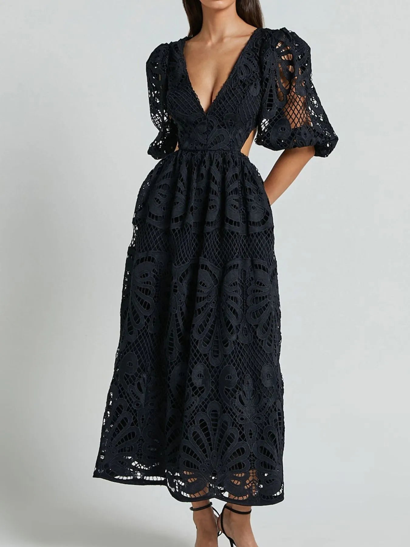 Cutout Back Lace Crochet V-Neck Dress.