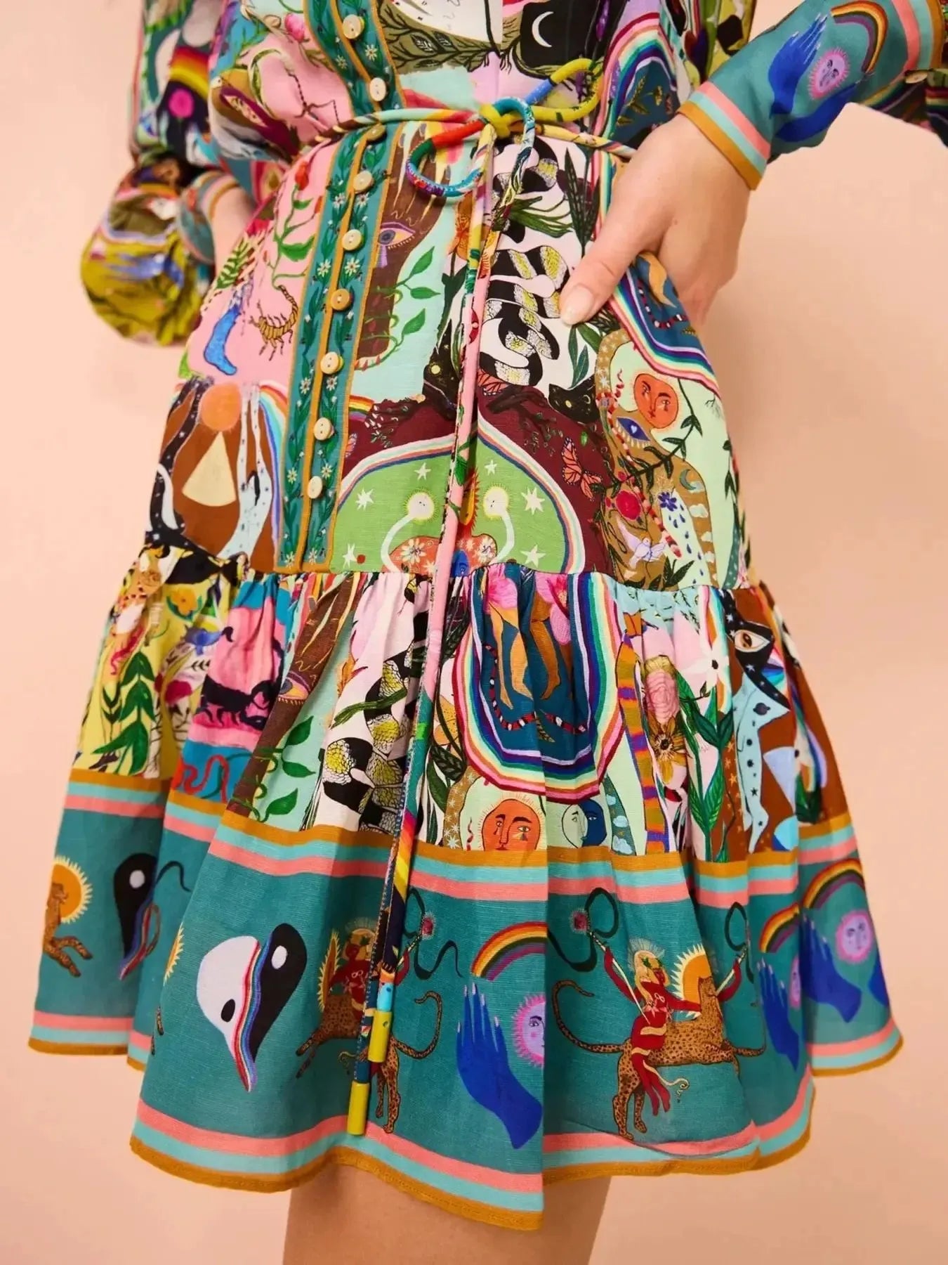 Printed Long Sleeve Shirt Dress with Belt.