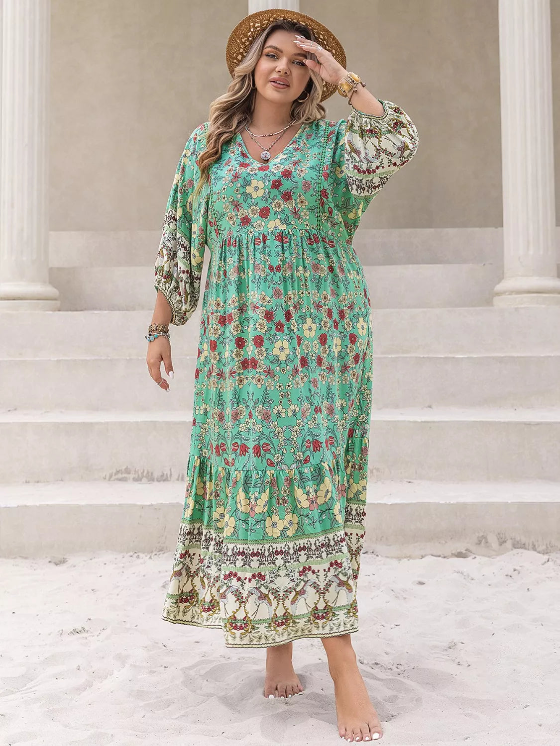 Plus Size Bohemian Floral Tiered Maxi Dress - Basic.