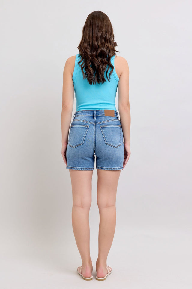 Plus size 2-button denim shorts with pockets.