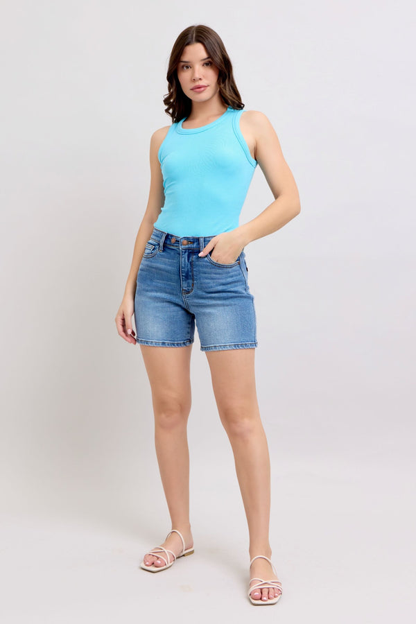 Plus size 2-button denim shorts with pockets.