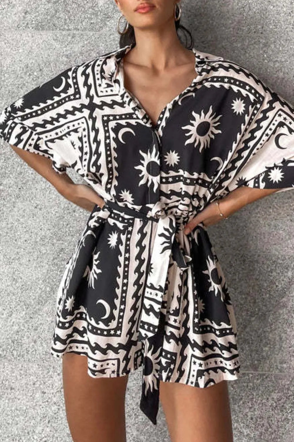 Printed Tie Waist Romper with Buttons.