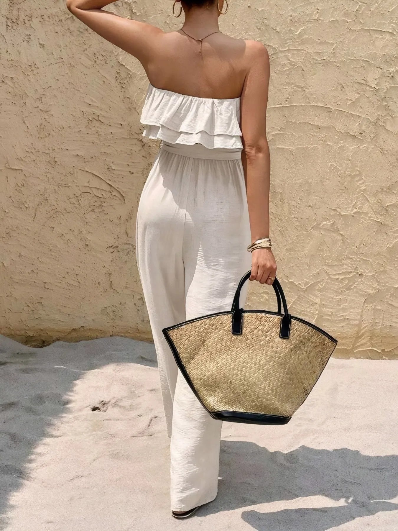 Off-Shoulder Ruffled Wide Leg Jumpsuit with Belt and Layers.
