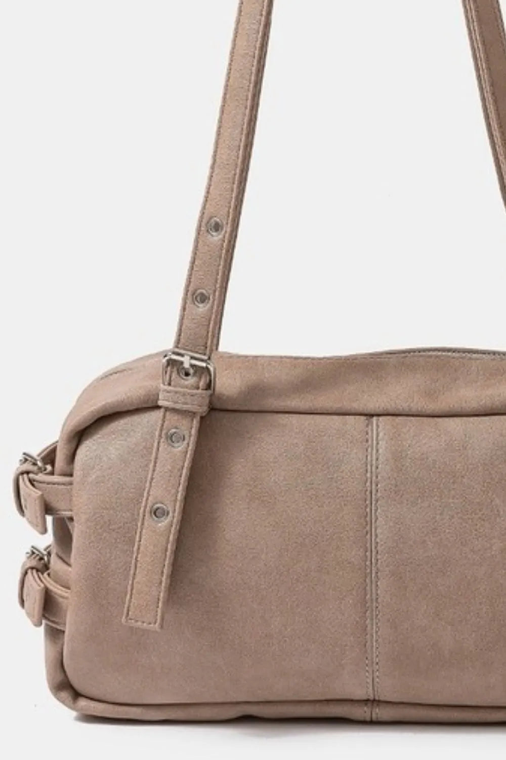 Multi Grommet Belt Strap Rustic Rectangular Hand Bag - Taupe.