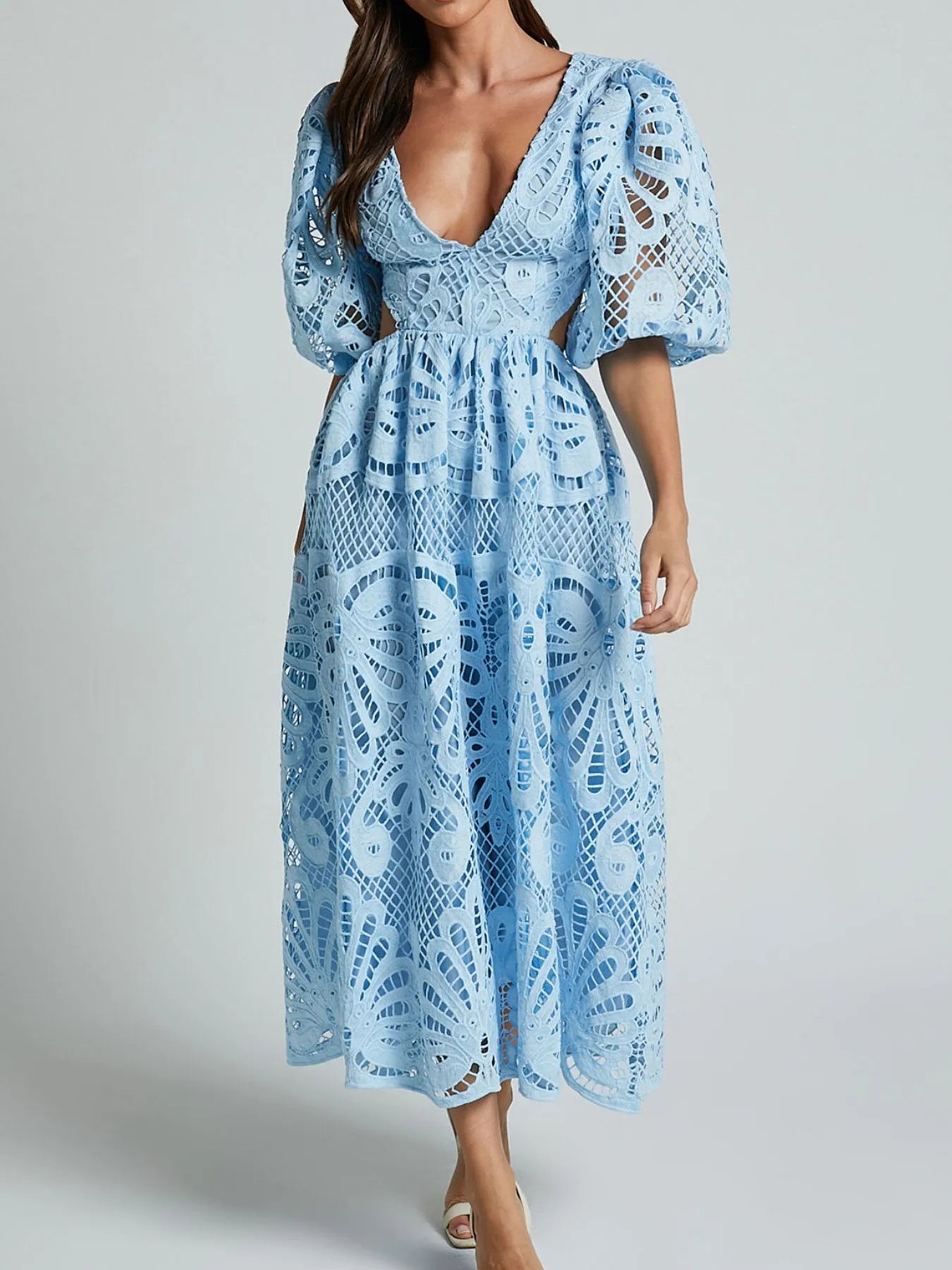 Cutout Back Lace Crochet V-Neck Dress.