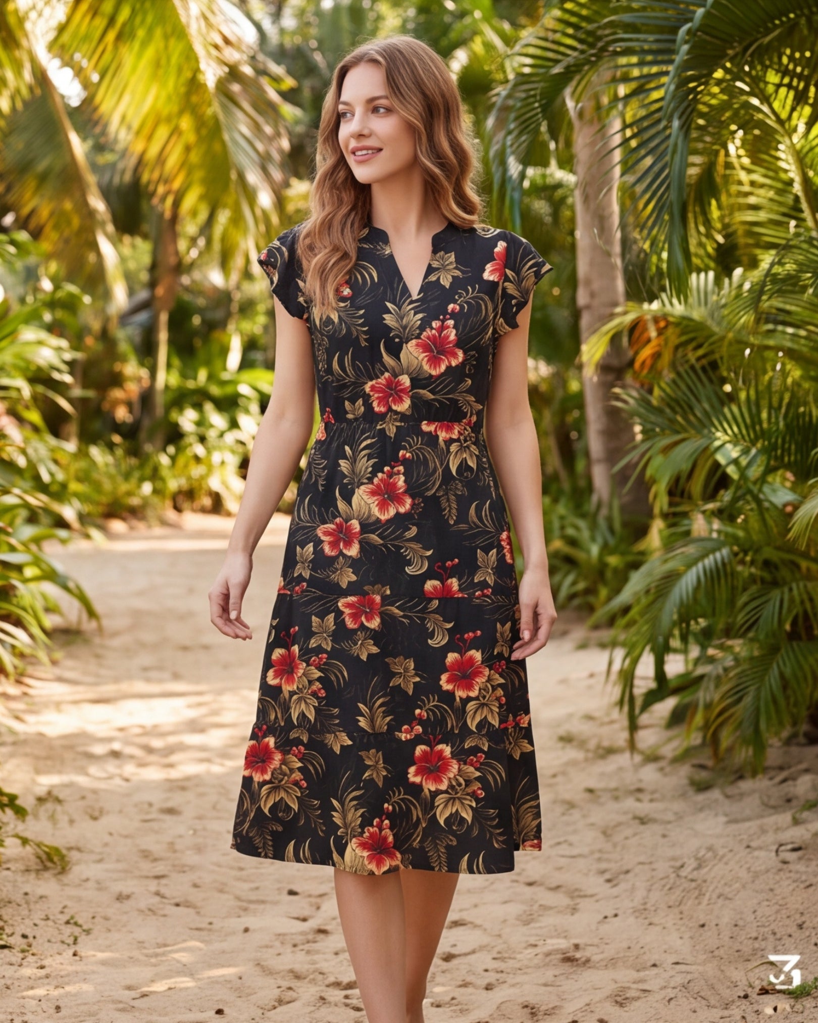 Tiered Midi Dress - Midnight Hibiscus
