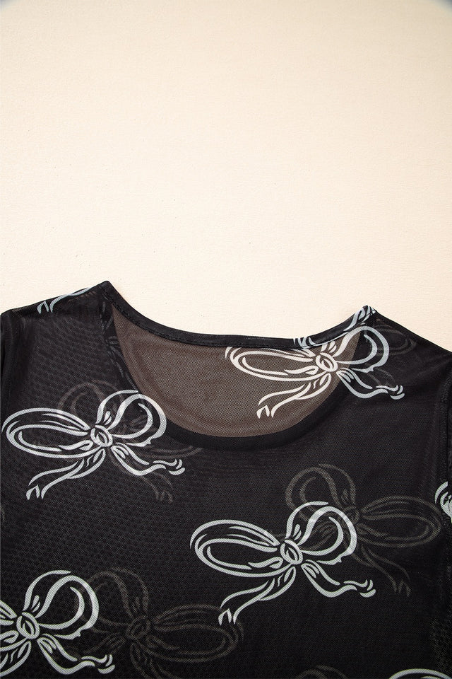 Bow Mesh Round Neck Short Sleeve T-Shirt