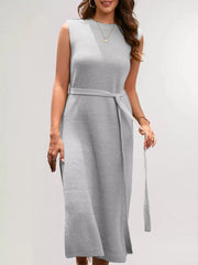 Sleeveless gray ribbed knit midi dress with a waist belt and side slit