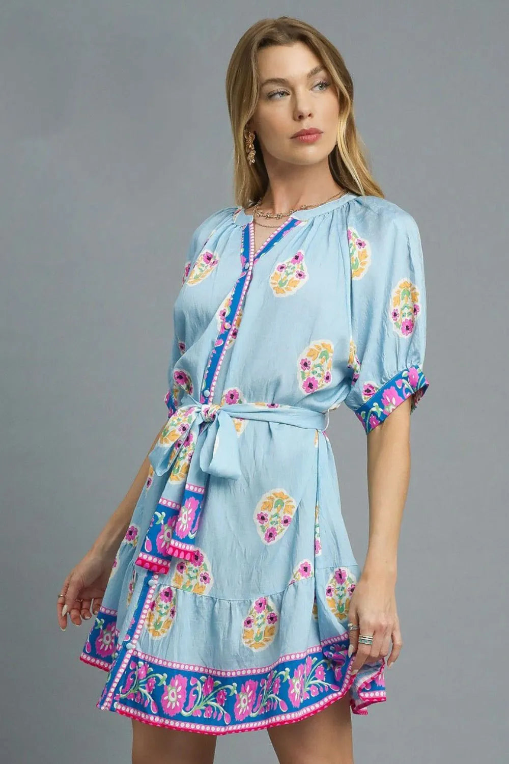 Floral Print Tie Waist Short Sleeve Dress - Buttoned & Tied.
