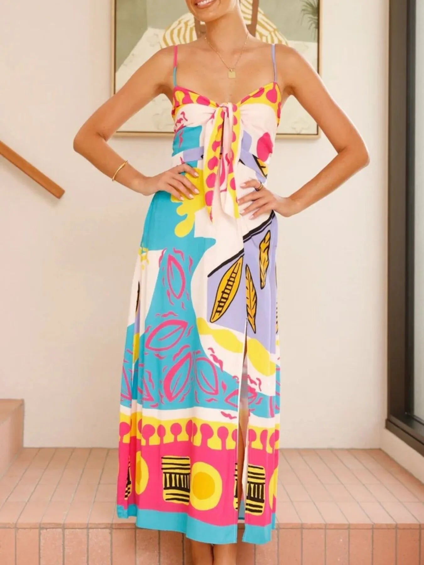 Tie-Dye Tie Waist Wrap Dress with Slit.