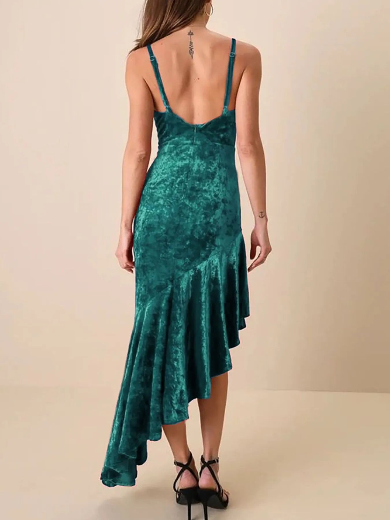 Asymmetrical Velvet Cami Dress with Ruffle Hem and Slit.