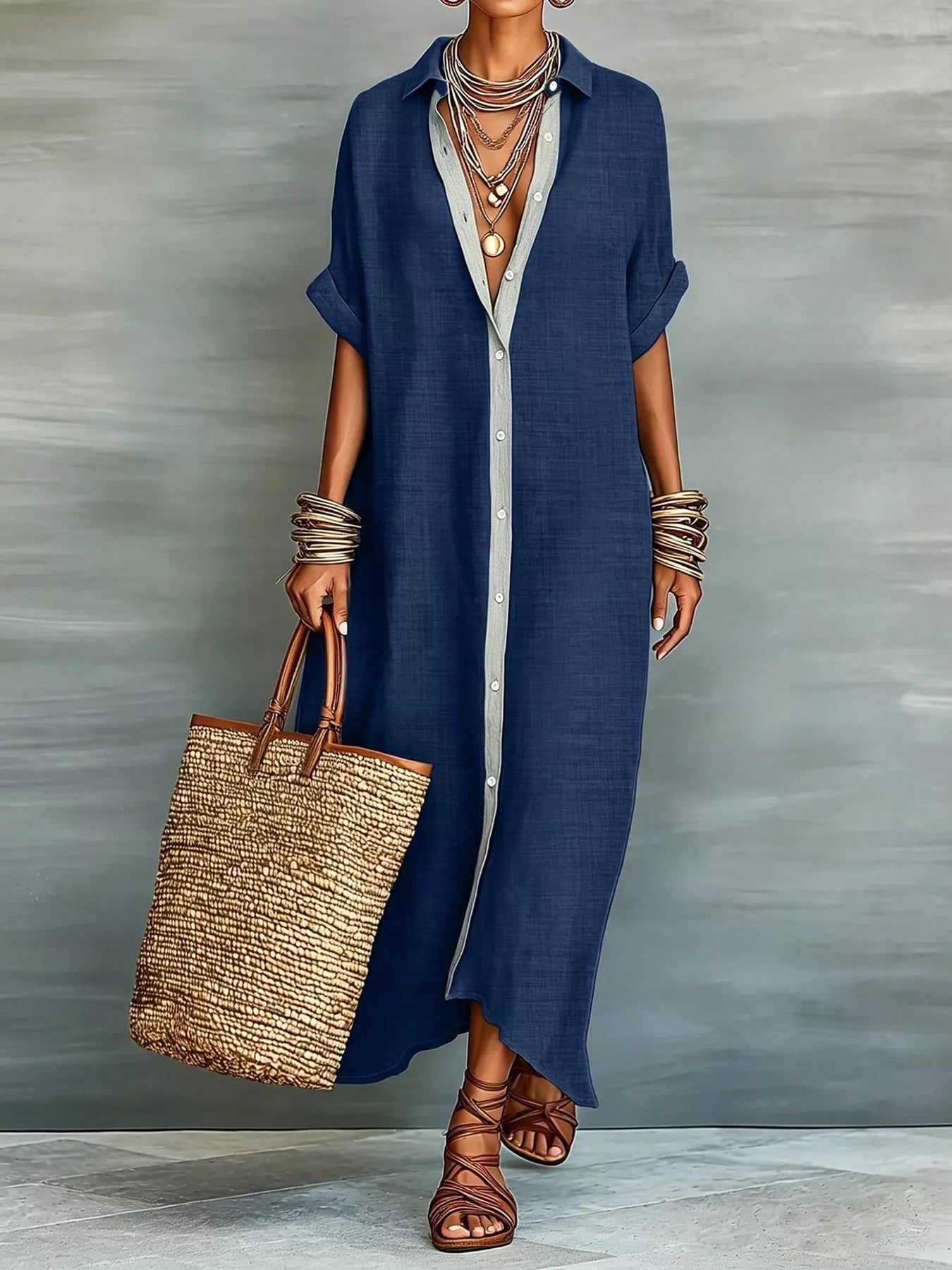 Beige maxi shirt dress with collared neckline, button-down front, short sleeves, and relaxed fit