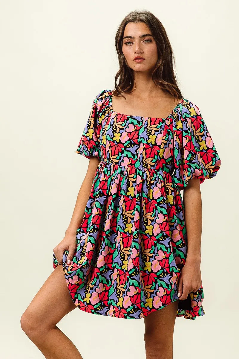 Floral Print Ruffled Hem Dress - Cutout & Tied.