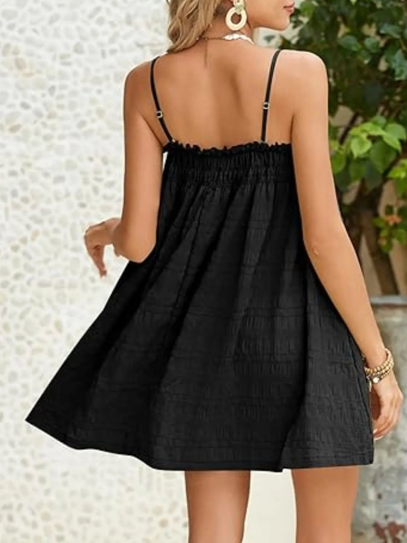 Frill Tiered Tie Shoulder Mini Dress - Lined.