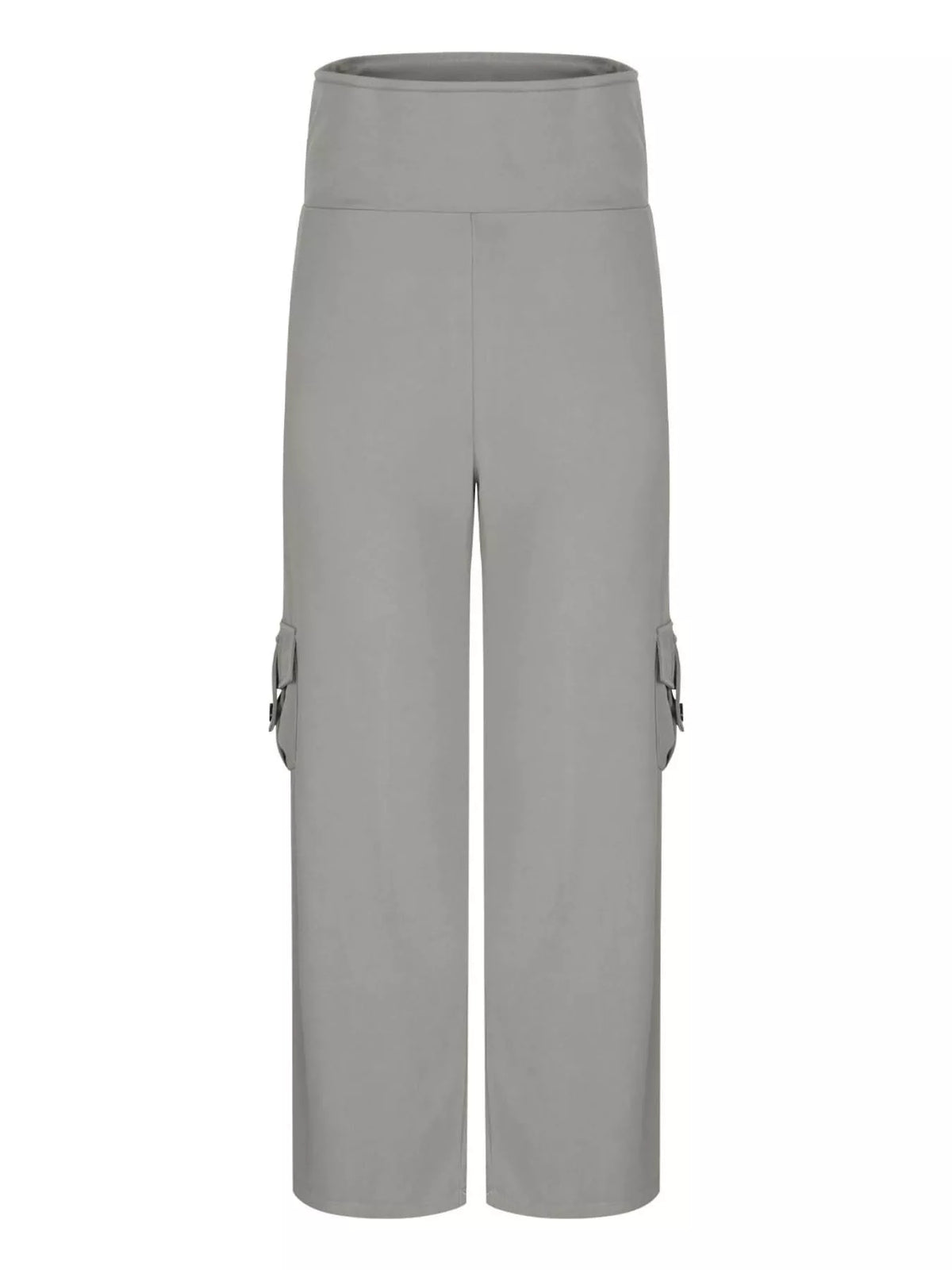 Gray high-waisted yoga pants with a wide straight-leg silhouette, smooth waistband, front center seam, and flap cargo pockets on both sides.