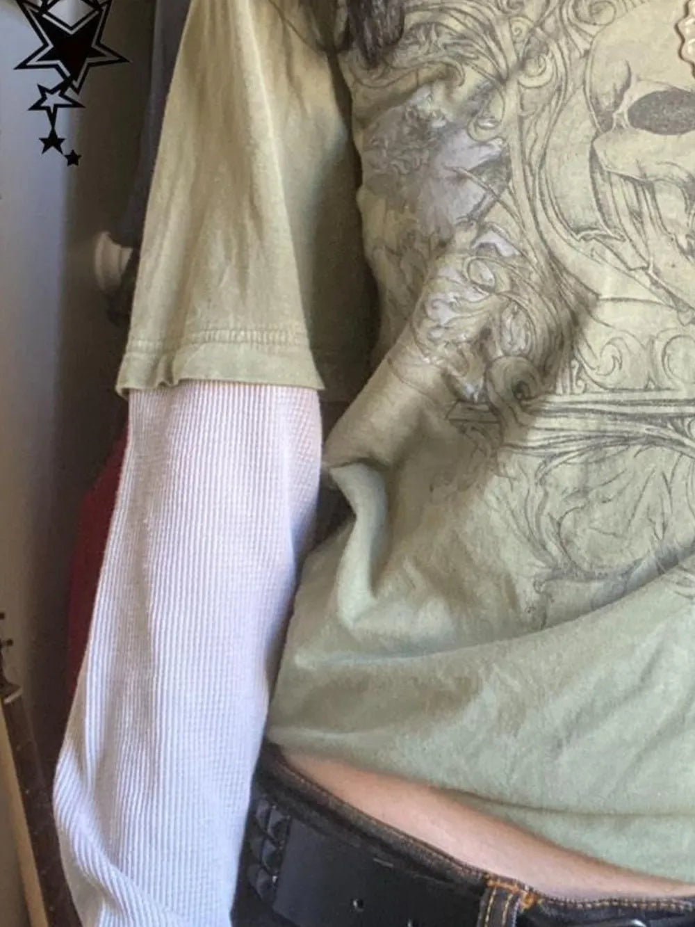 Skull Round Neck Long Sleeve Fake Two Pieces T-Shirt