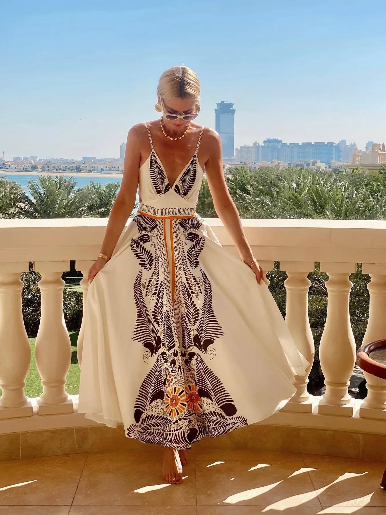 Printed V-Neck Kimono Sleeve Mini Dress - Oversized.