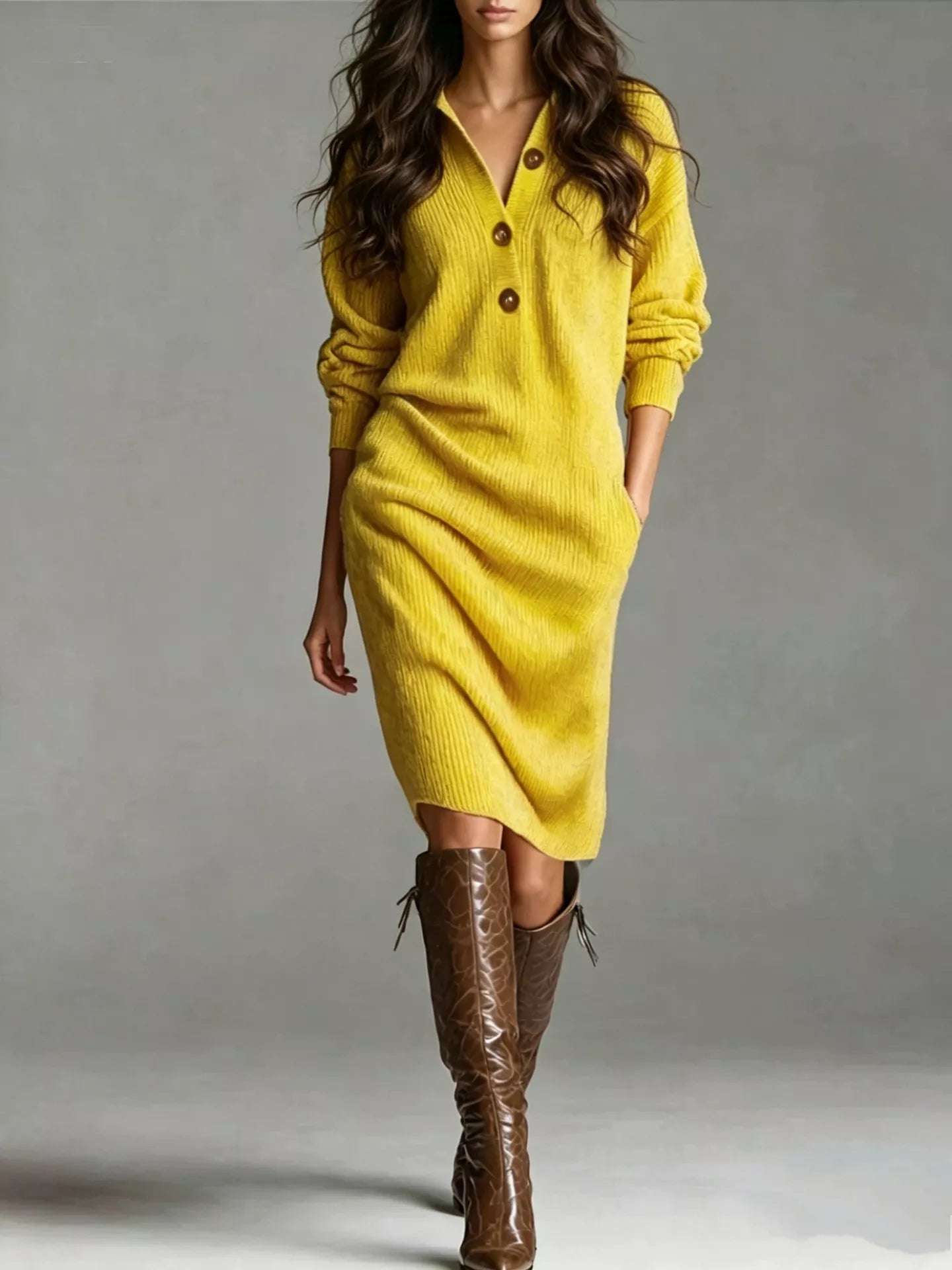 Long-sleeve ribbed knit midi dress with V-neck, half-button front, and side pockets