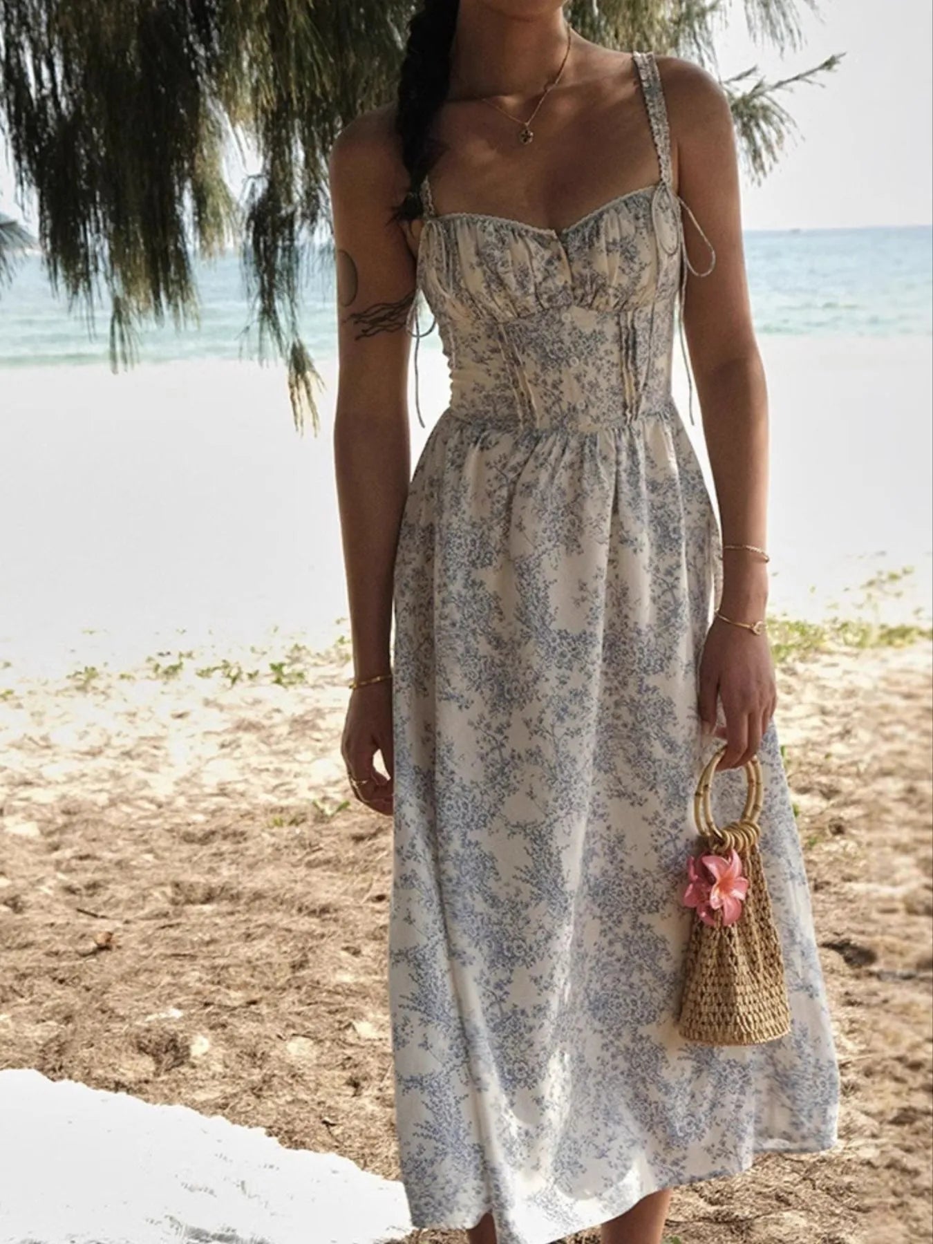 Floral Print Midi Cami Dress - Lace-Up & Ruched.