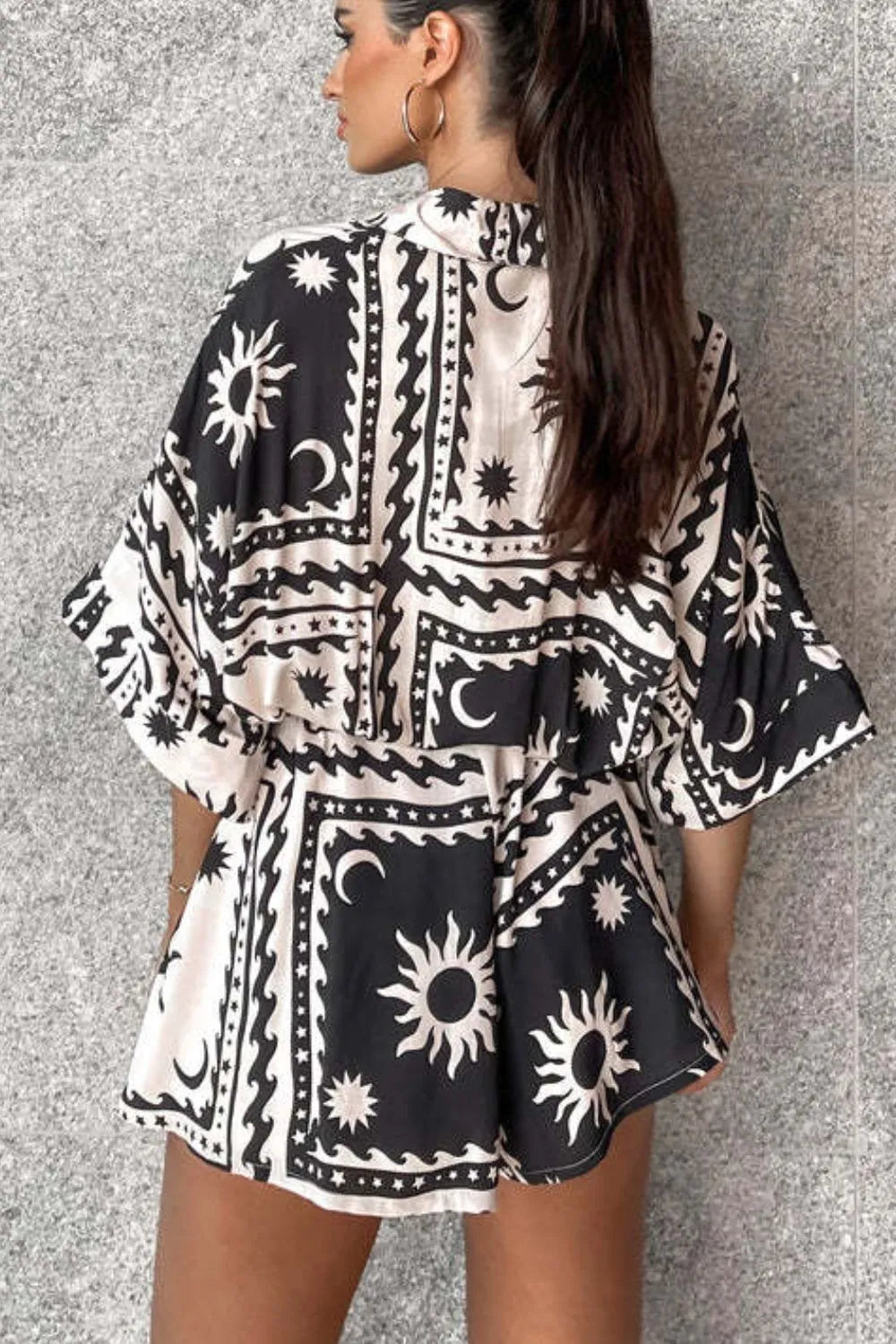 Printed Tie Waist Romper with Buttons.