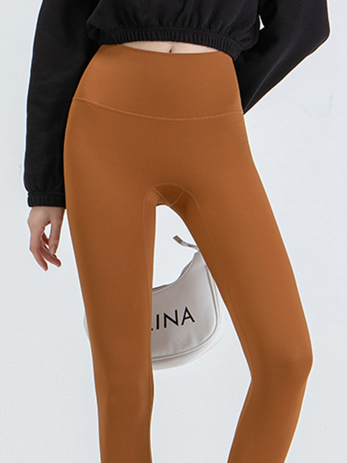 Model wears rust-orange wide waistband sports leggings with a high-rise silhouette, smooth stretch fabric, and a visible curved front seam.