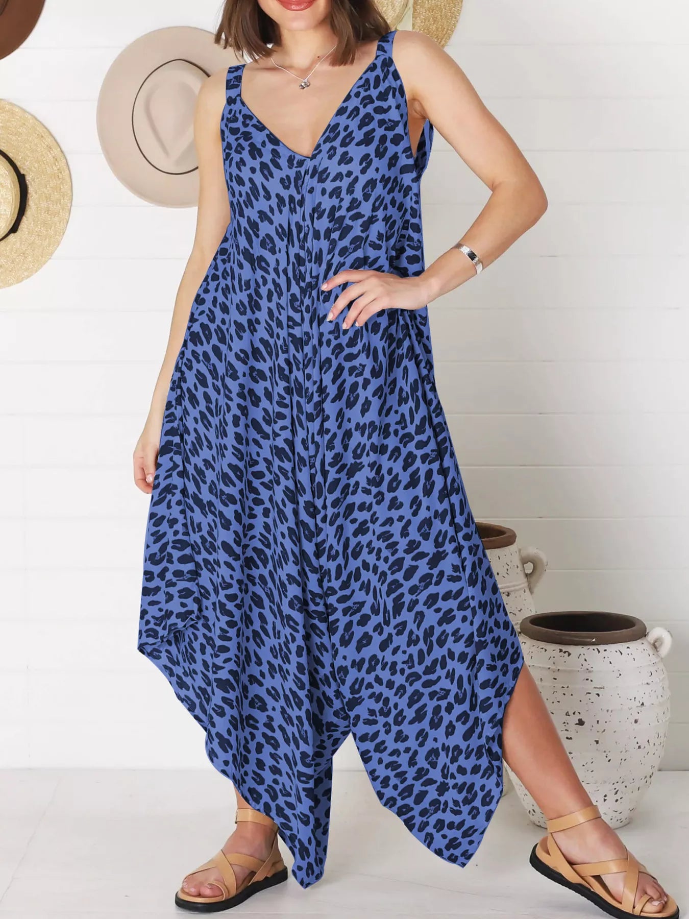 Plus Size Leopard Print V-Neck Wide Leg Jumpsuit with Tie.