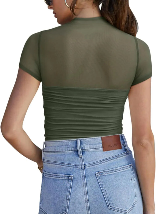 Mesh Mock Neck Short Sleeve T-Shirt