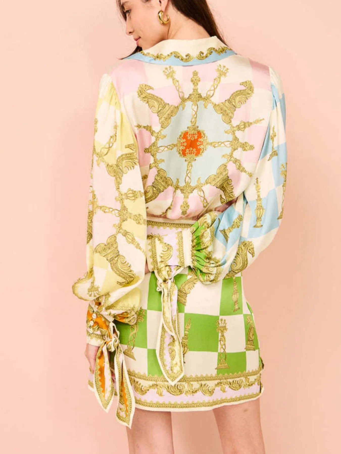 Printed Long Sleeve Mini Dress with Belt - Ruffled & Ruched.