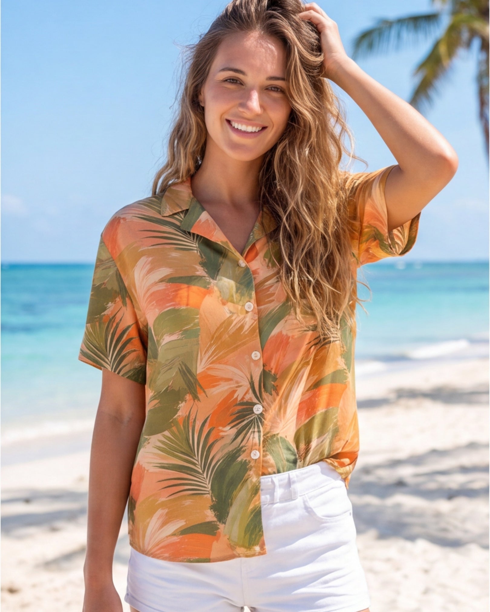 Womens Hawaiian Shirt - Peachy Palms