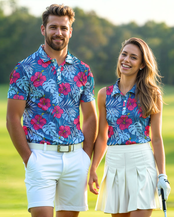 Family & Couples Matching Golf Polos - Blue & Pink Tropical Hibiscus