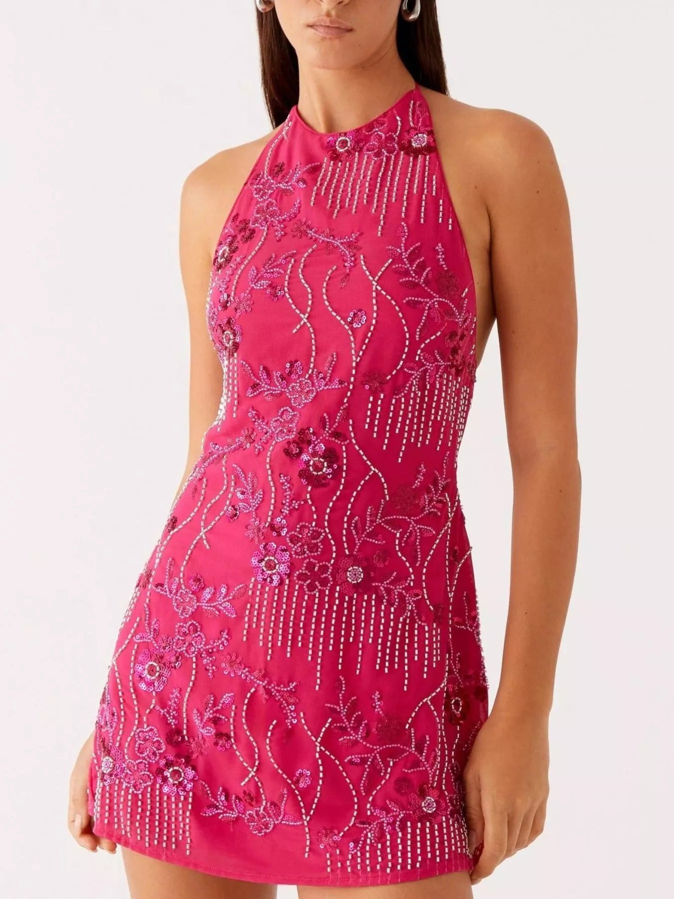 Backless Embroidered Halter Neck Mini Dress - Tied.