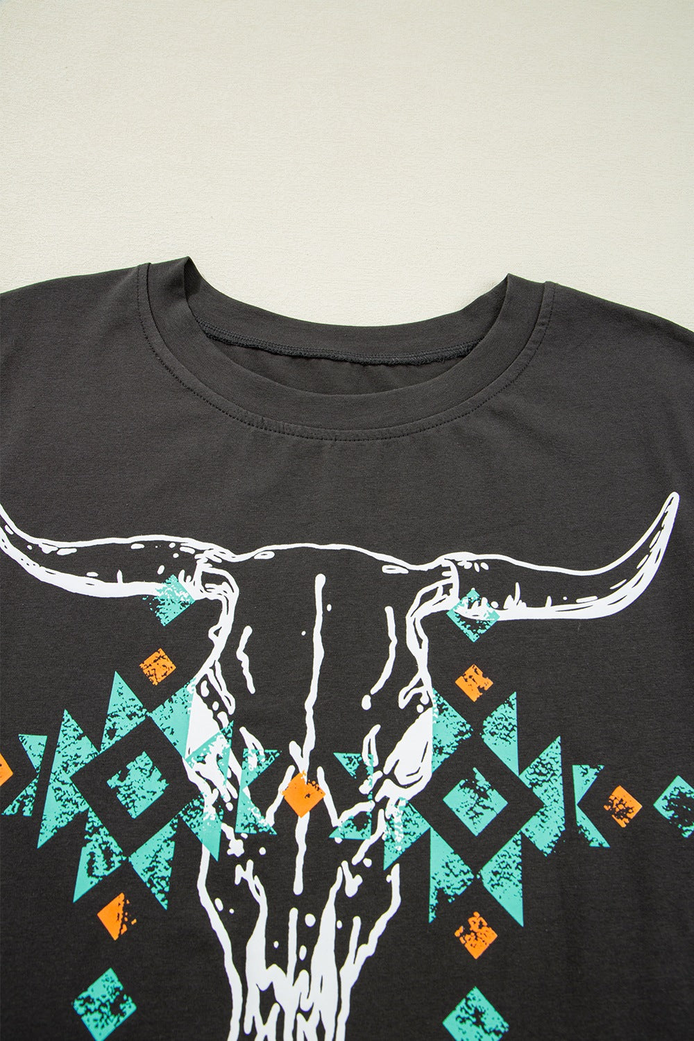 Bull Head Skull Round Neck Short Sleeve T Shirt