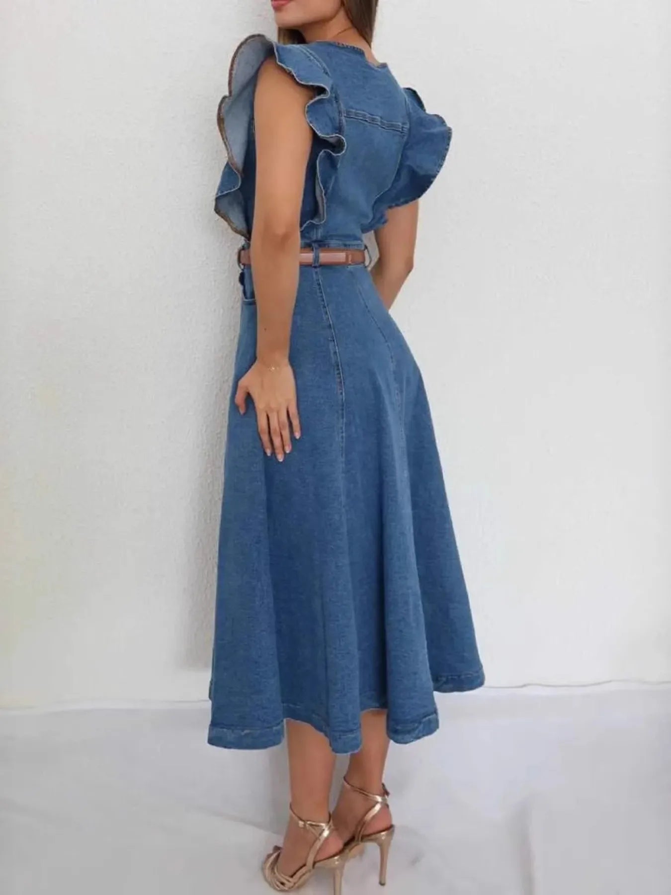 Button-Front Ruffle Sleeve Denim Midi Dress - Belted.