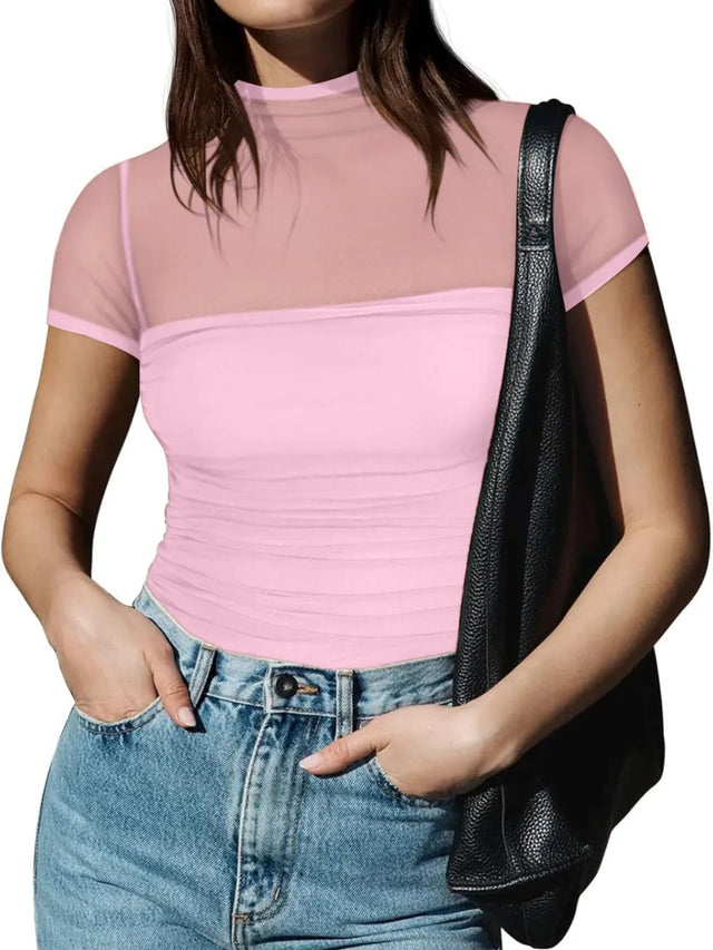 Mesh Mock Neck Short Sleeve T-Shirt