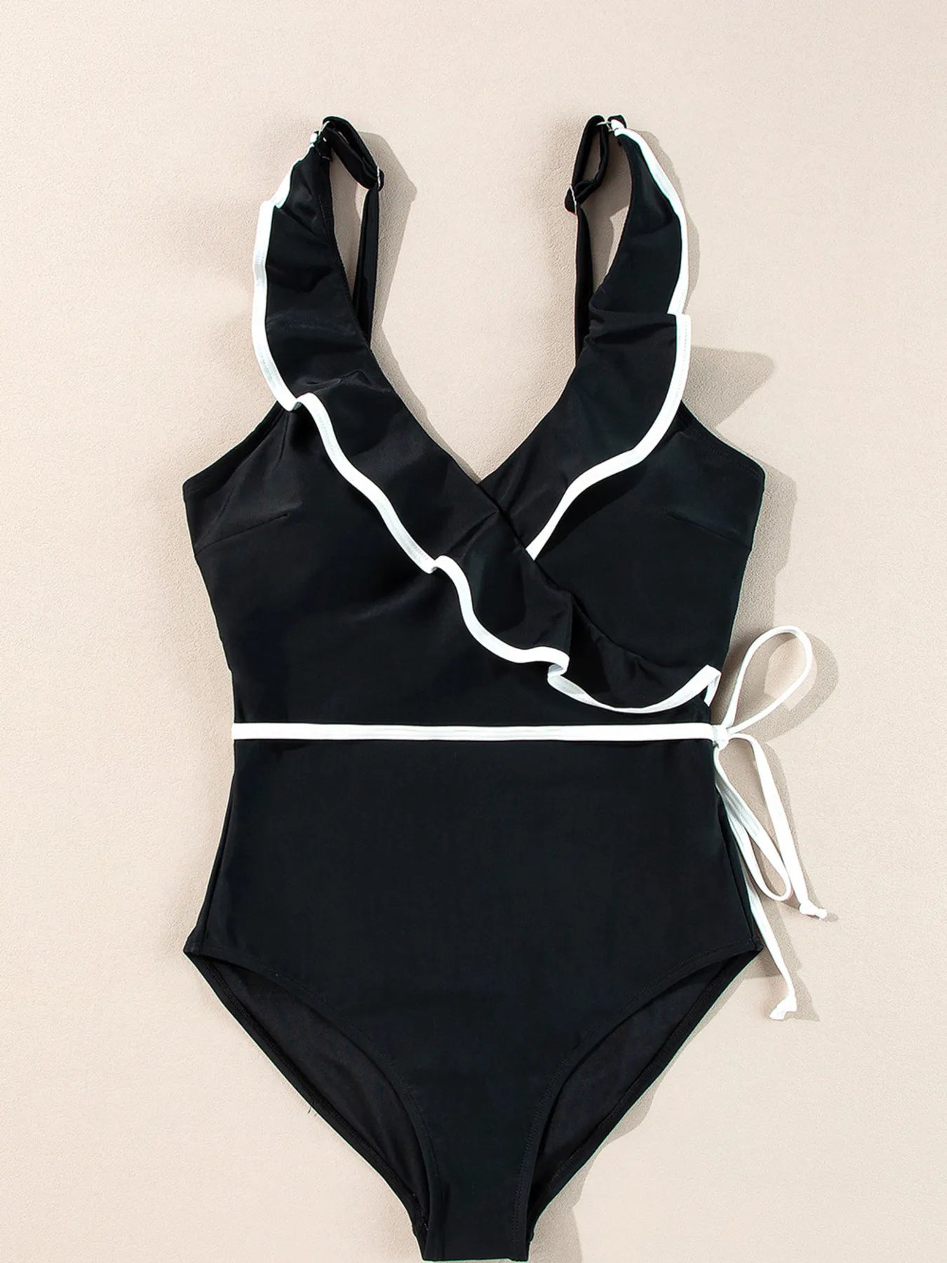 Ruffle Trim V-Neck One-Piece Swimsuit with Removable Padding.