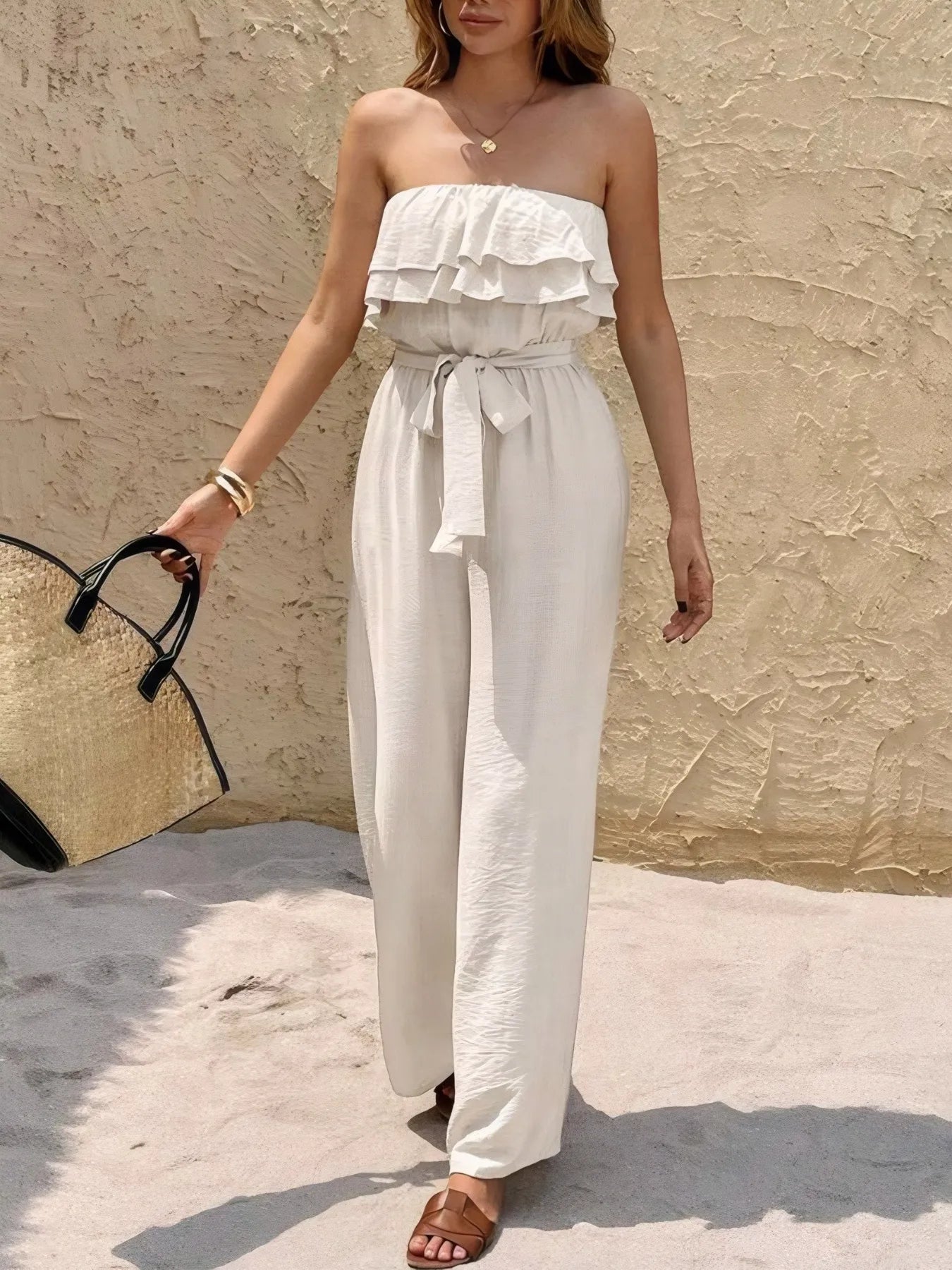 Off-Shoulder Ruffled Wide Leg Jumpsuit with Belt and Layers.
