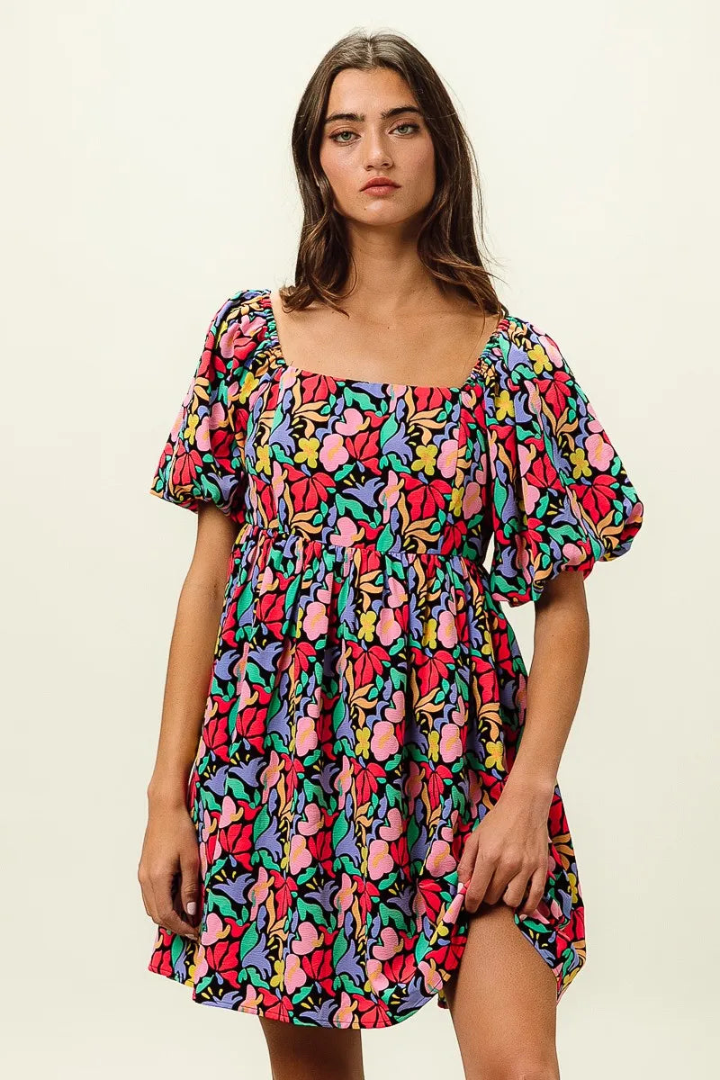 Floral Print Ruffled Hem Dress - Cutout & Tied.
