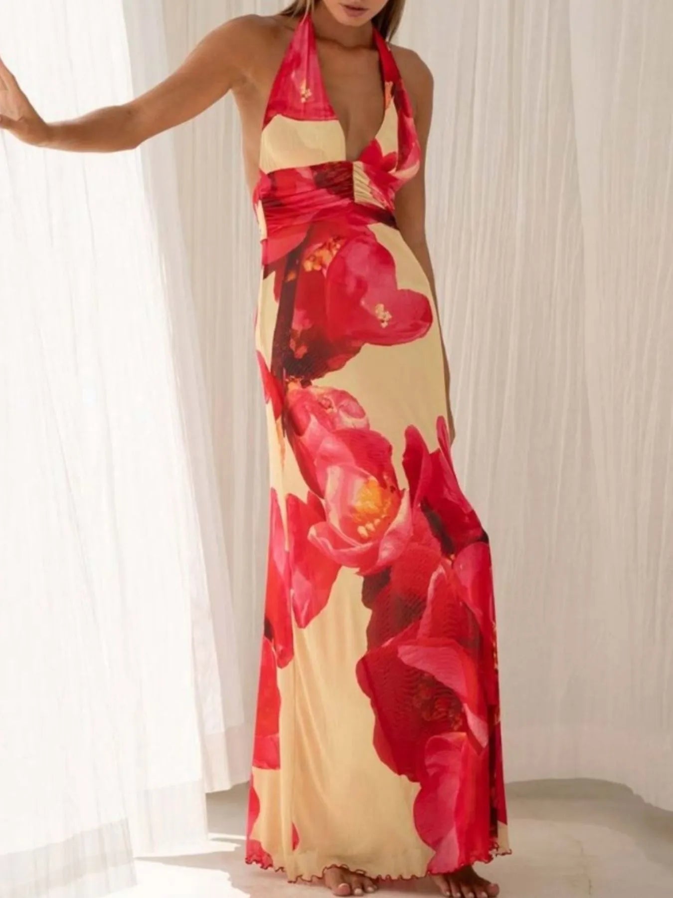 Floral Halter Neck Deep V Maxi Dress - Backless & Ruched.