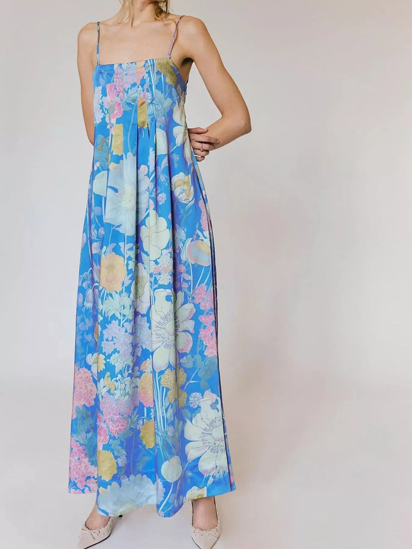 Floral Print Smocked Midi Dress with Front Slit - Ruffled & Tied.