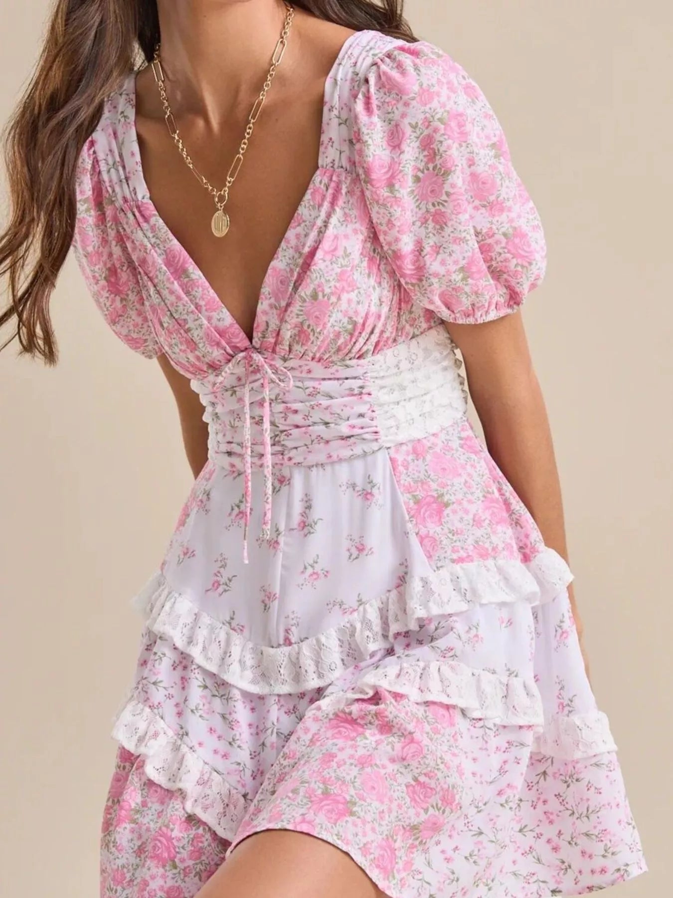 Floral Puff Sleeve V-Neck Mini Dress - Embroidered.