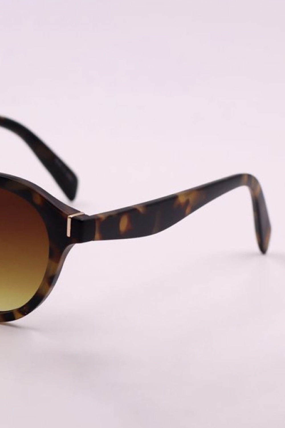 Close-up of round full-rim sunglasses with a tortoiseshell polycarbonate frame, softly curved temples, and warm gradient brown lenses.