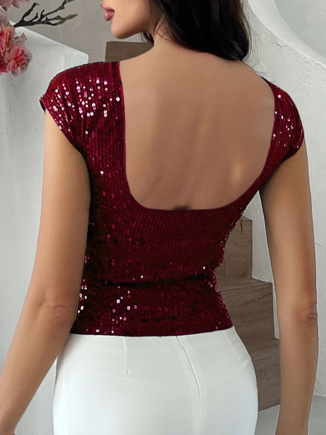 Sequin Round Neck Backless T-Shirt