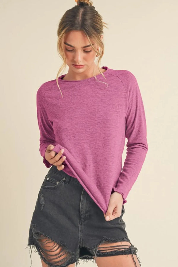 Lettuce Hemline Round Neck Raglan Sleeve T-Shirt