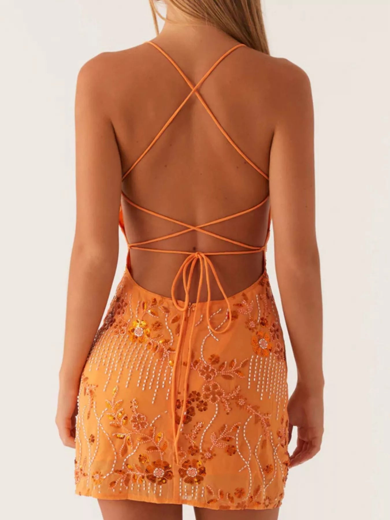 Backless Embroidered Sequin Cami Dress - Ruched & Tied.