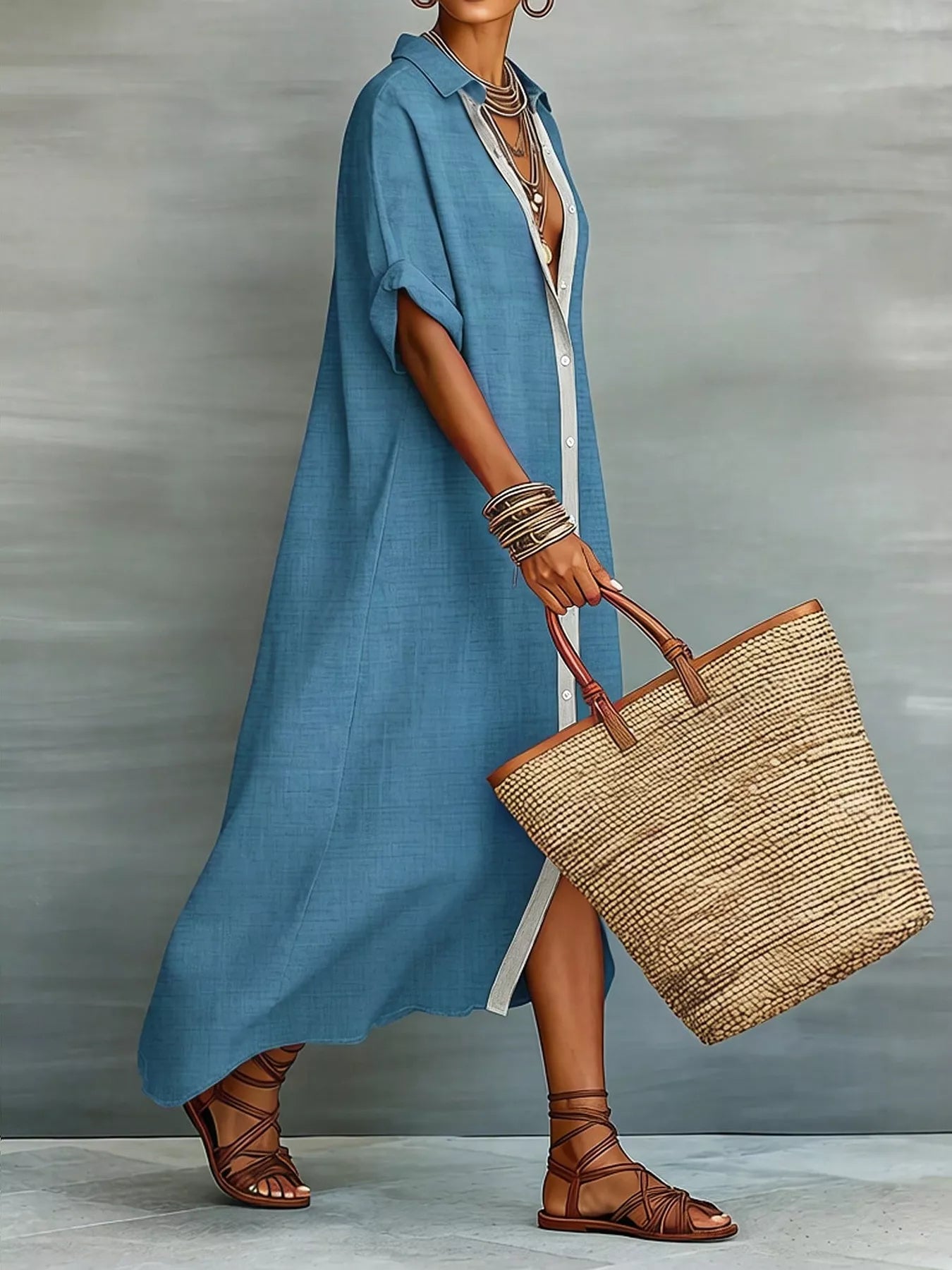 Beige maxi shirt dress with collared neckline, button-down front, short sleeves, and relaxed fit