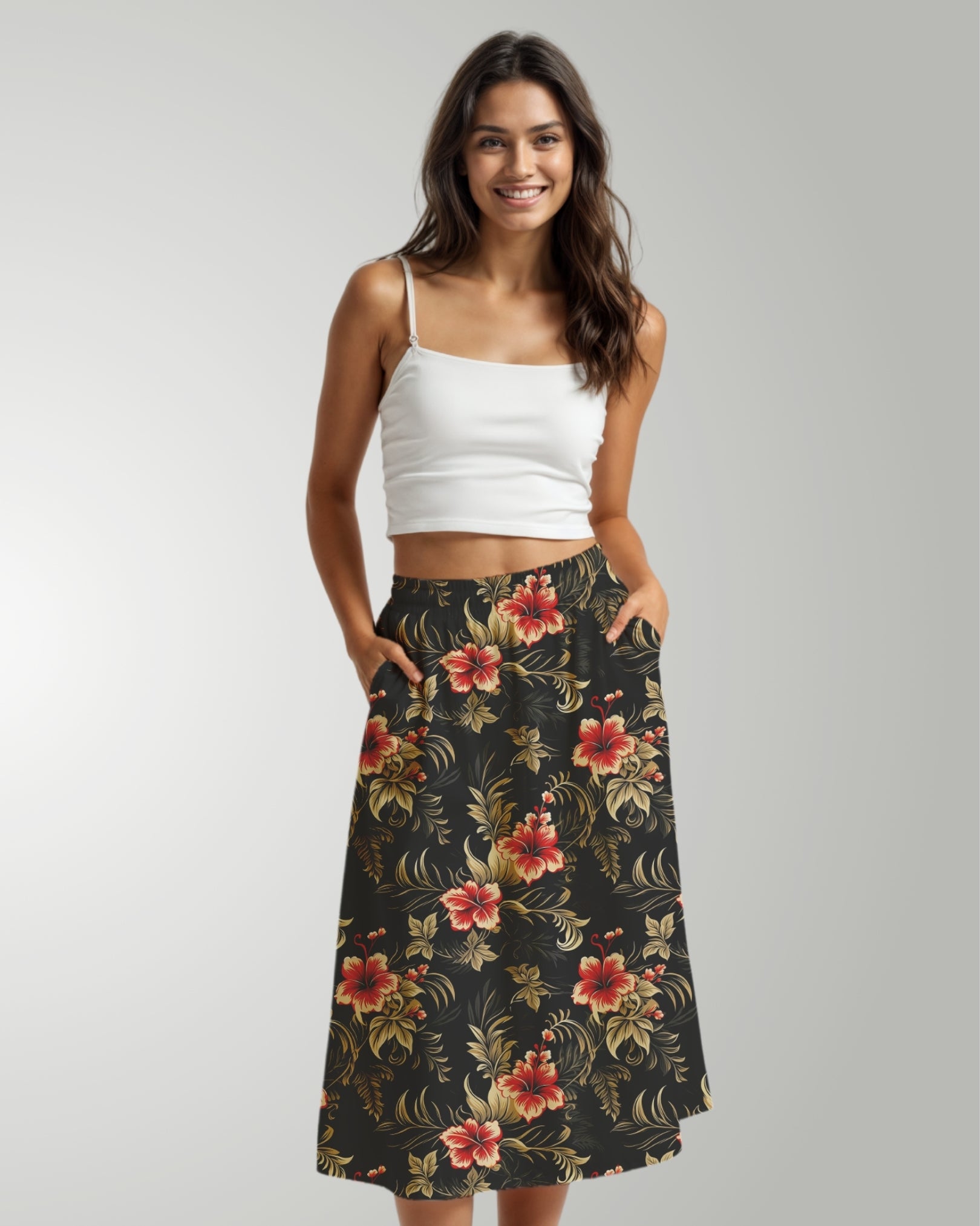 Midi Skirt - Midnight Hibiscus